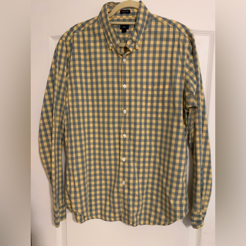 J.Crew Men's Large Yellow Blue Plaid Cotton Shirt Fall Preppy Slim Fit